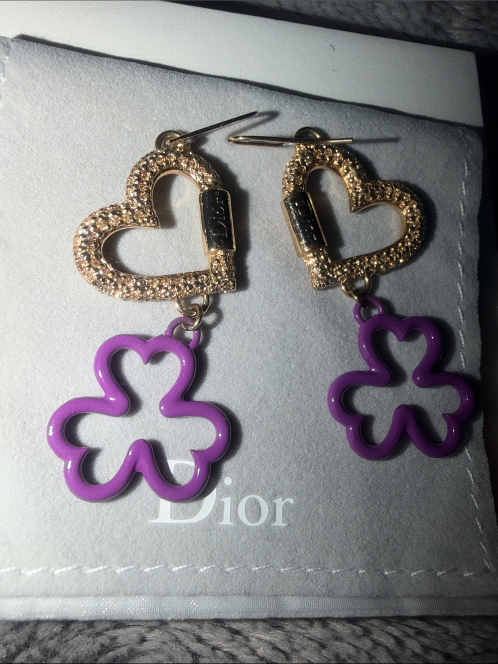 Preloved Christian Dior Gold Heart and Purple Flower 🌺 bling earrings